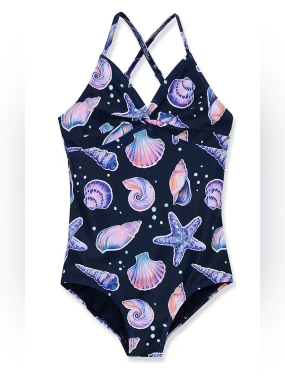NWOT Lands' End Galaxy Shell One-Piece Swimsuit Seashells Front Twist Navy